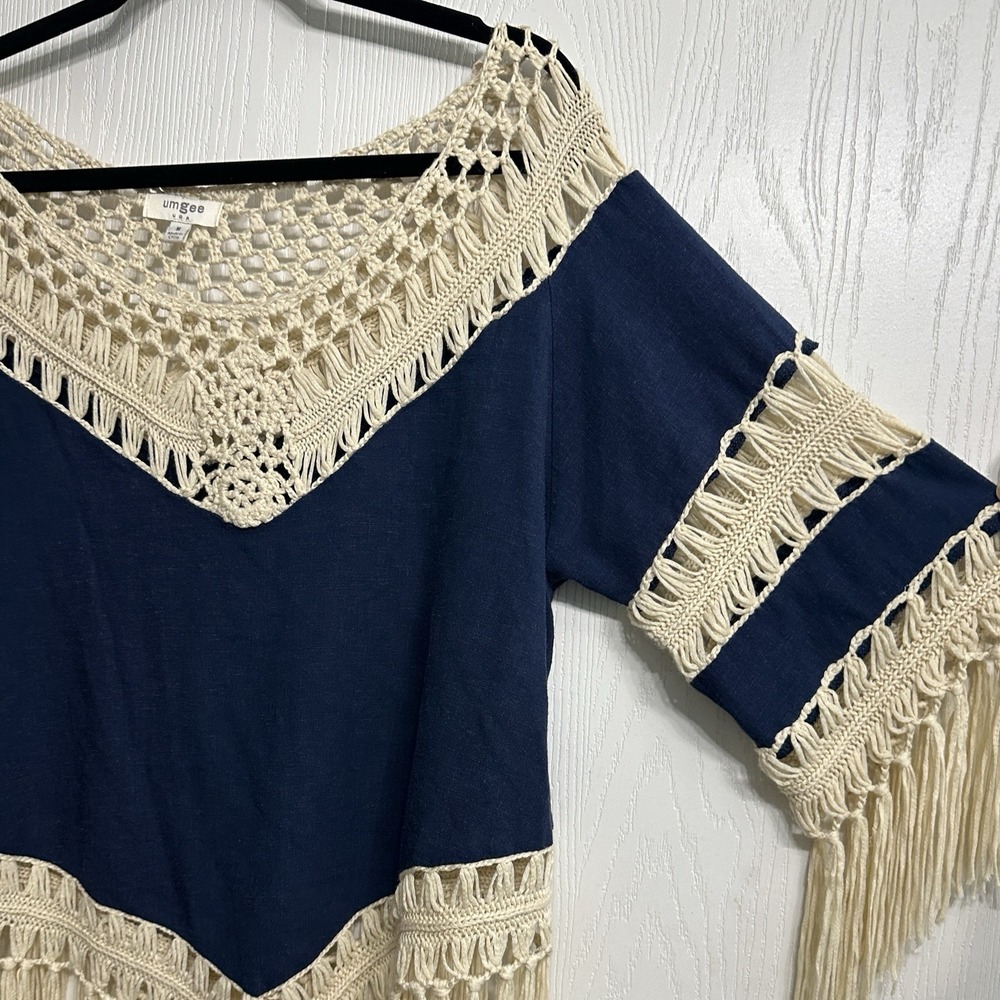 Umgee Crochet Fringe Tunic Top Boho Festival Beachy Cover Up Navy Cream Size Med - Picture 5 of 7
